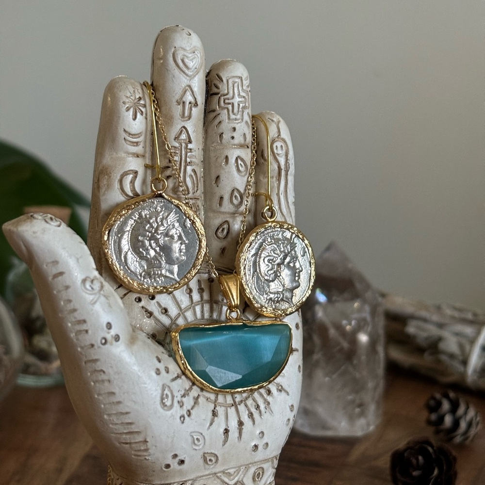 Silver Coin and Blue Geometric Jewelry Set – Bohemian Necklace & Earrings